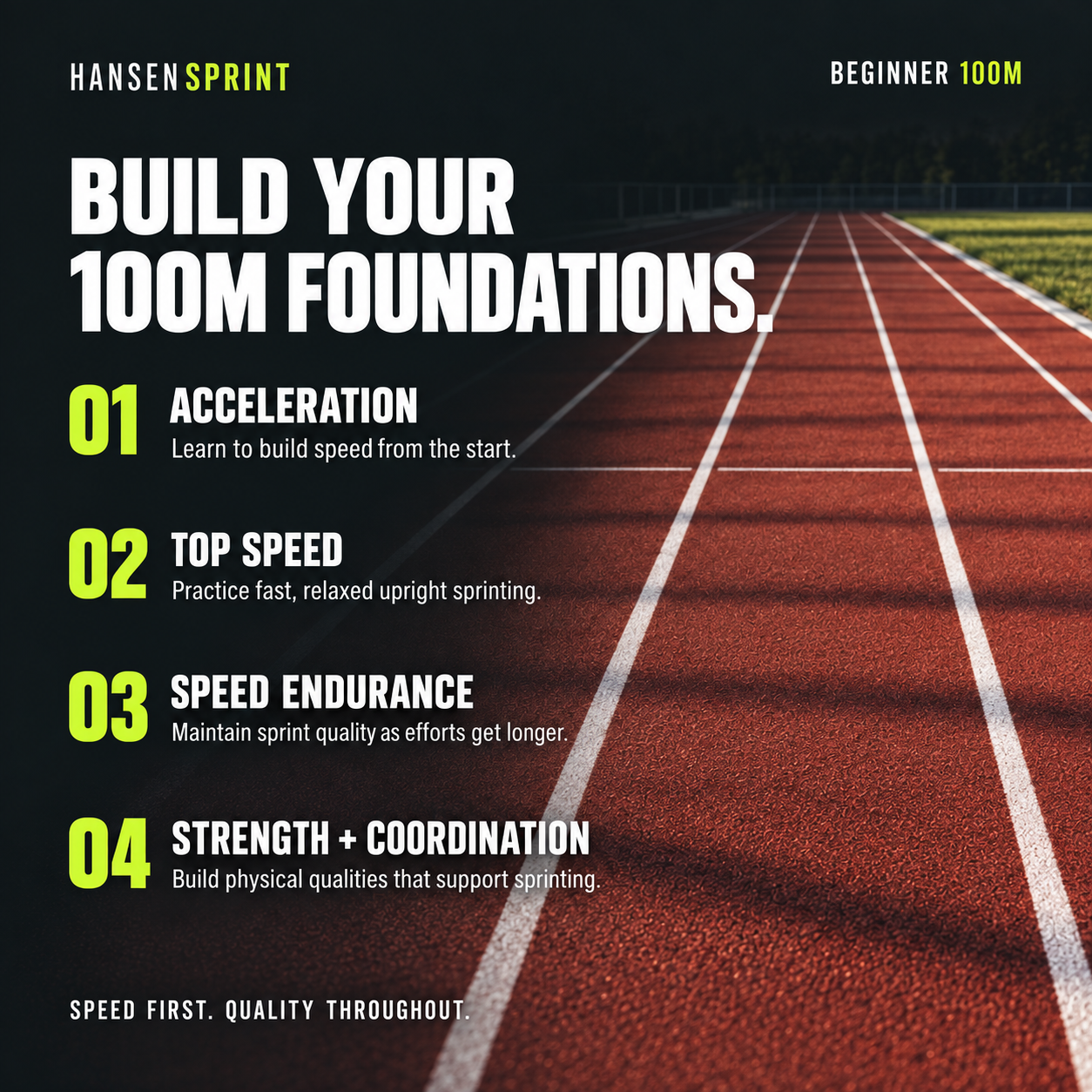 Key training focus areas in the HansenSprint Beginner 100m Sprint Training Program