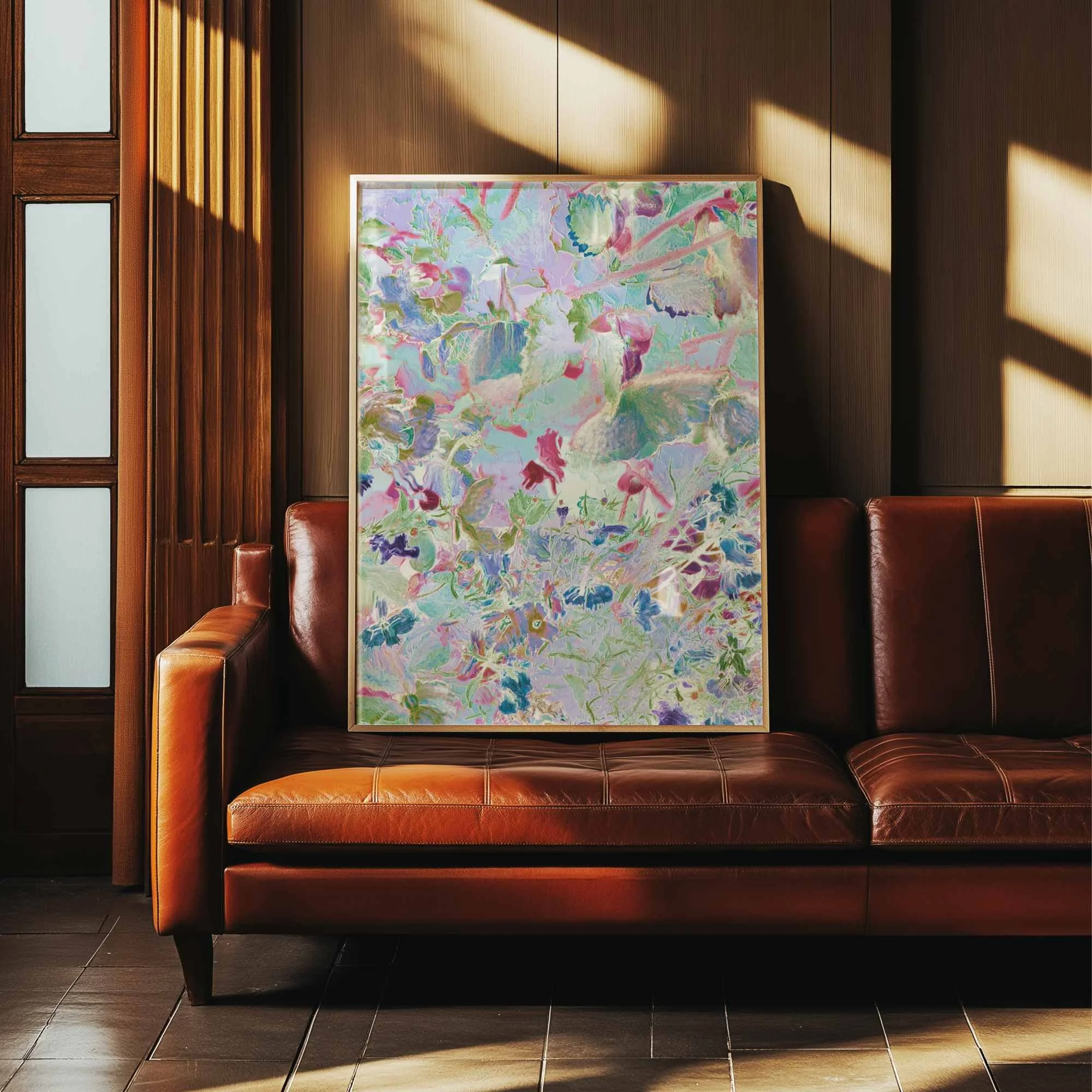 Floral Awakening contemporary floral fine art print in soft pastel tones of blush red, powder blue and green
