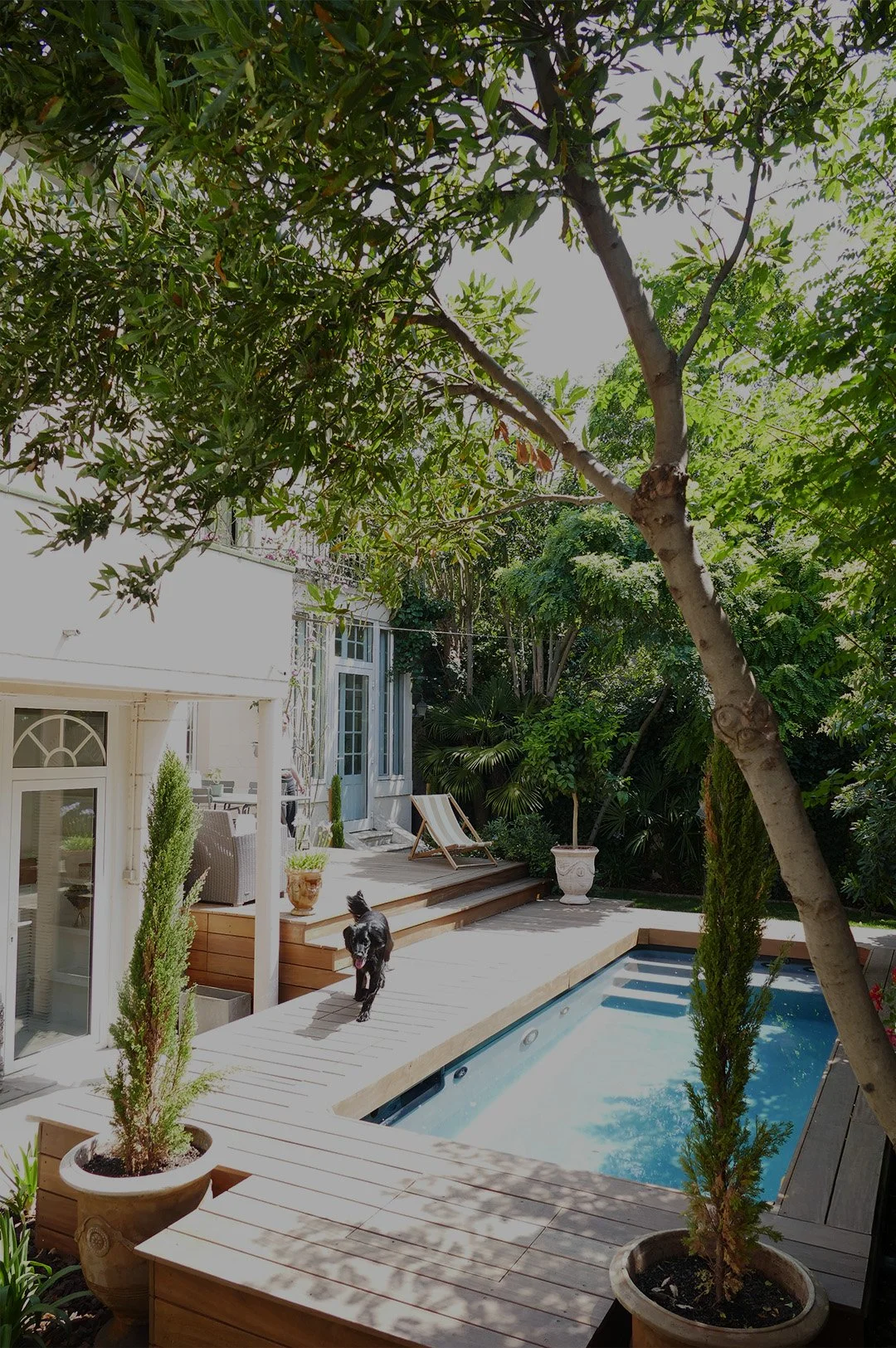 Maison piscine terrasse en bois renovée