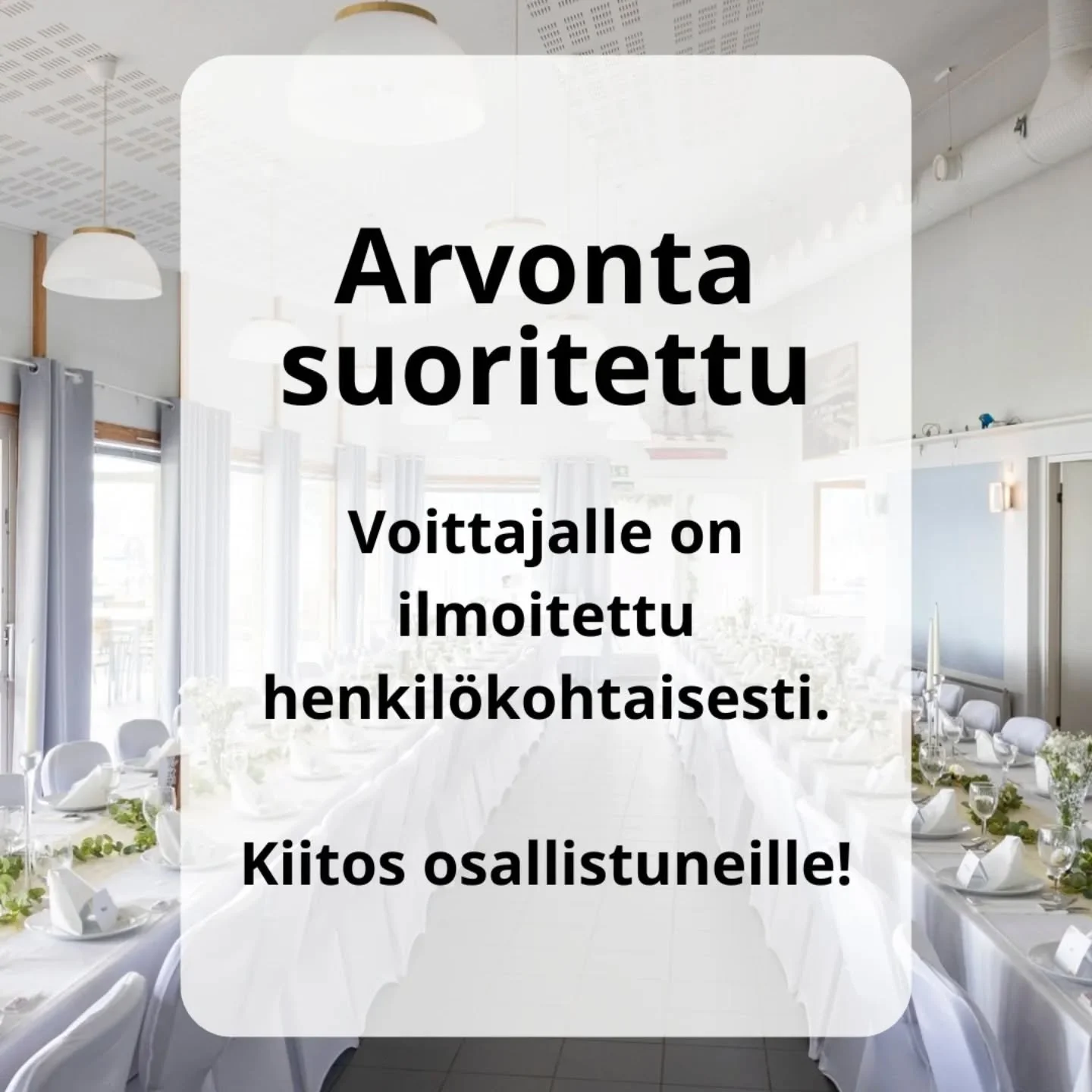Kiitos kaikille h&auml;&auml; ja juhlatapahtumassa k&auml;yneille sek&auml; arvontaamme osallistuneille!
Arvonta on nyt suoritettu. Arvonnan voittajalle on ilmoitettu henkil&ouml;kohtaisesti Instagramin yksityisviestin v&auml;lityksell&auml;.🫶

Kes&