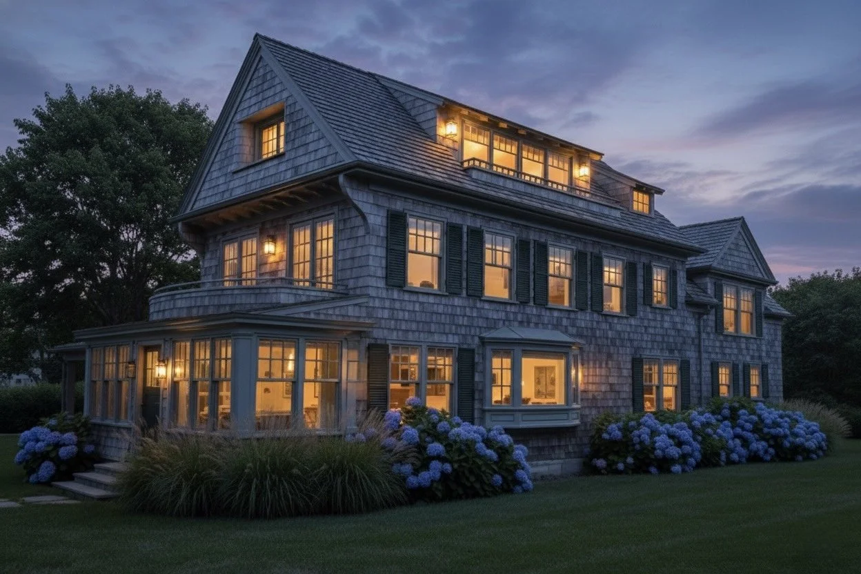 A twilight rendering of a custom home renovation in Narragansett, RI