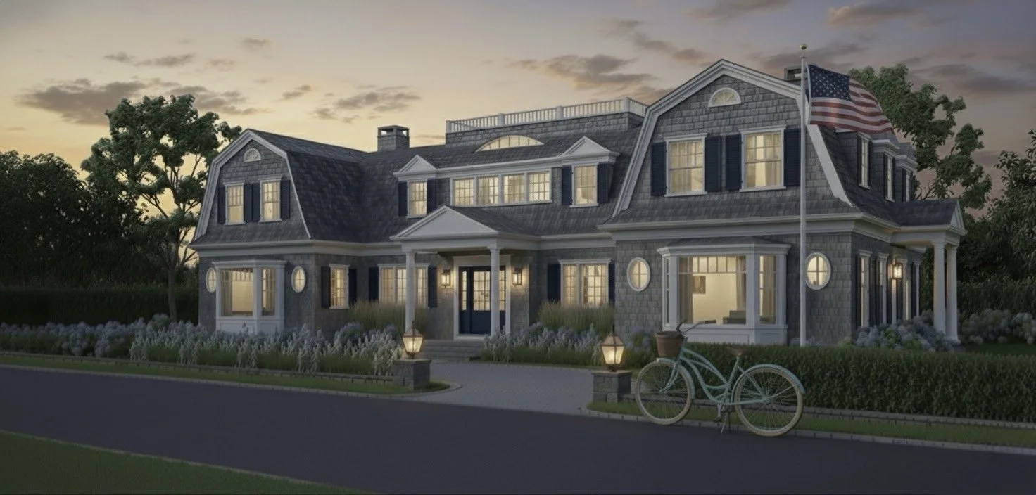 A twilight rendering of a new custom home in Padanaram, MA