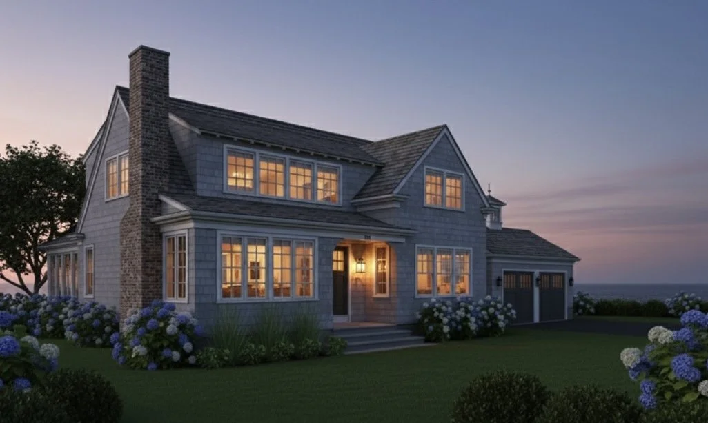 A twilight rendering of a new custom home in North Kingstown, RI 