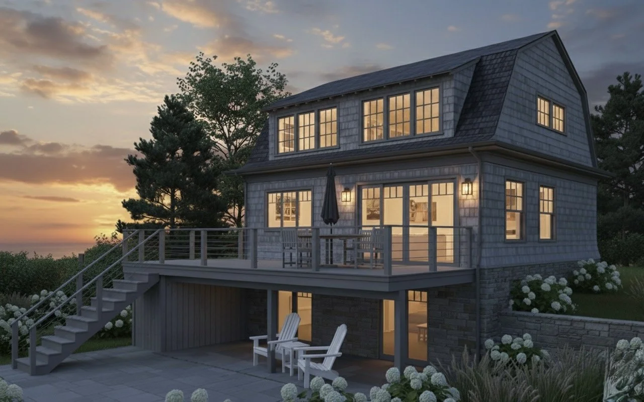 A twilight rendering of custom home renovation in Matunuck, RI