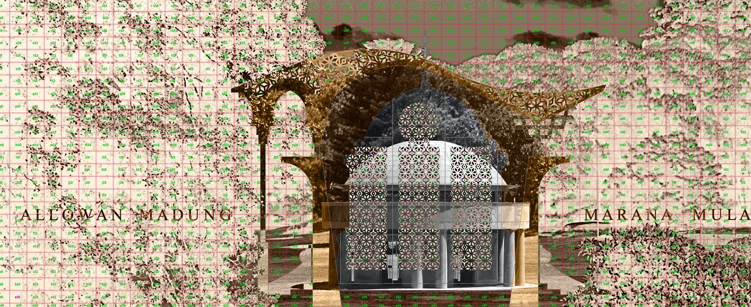 Installation schema (centre stage) Pavilion of Clear Memory.  (2019) Alpha-numerical A4 grid