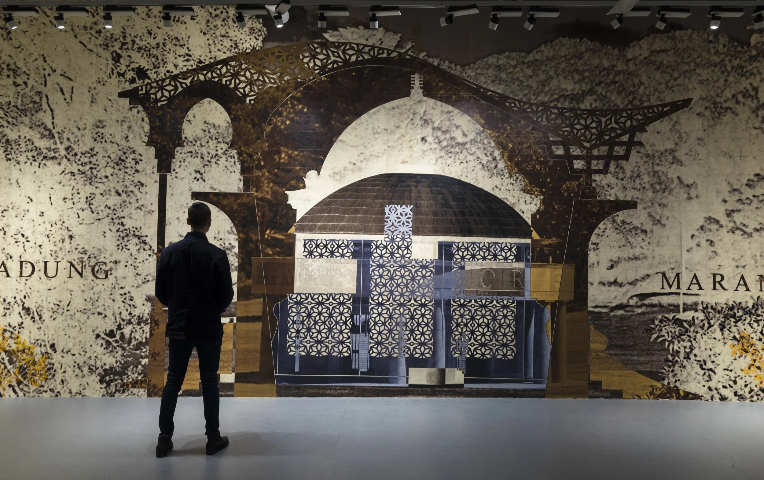 The Pavilion of Clear Memory (detail) showing Alex Tzannes’s 1988 Federaton Pavilion overlayed on the inverted silhouette of Walter Liberty Vernon’s 1901 Federation Pavilion. Multi-layered photocopy cut-out.