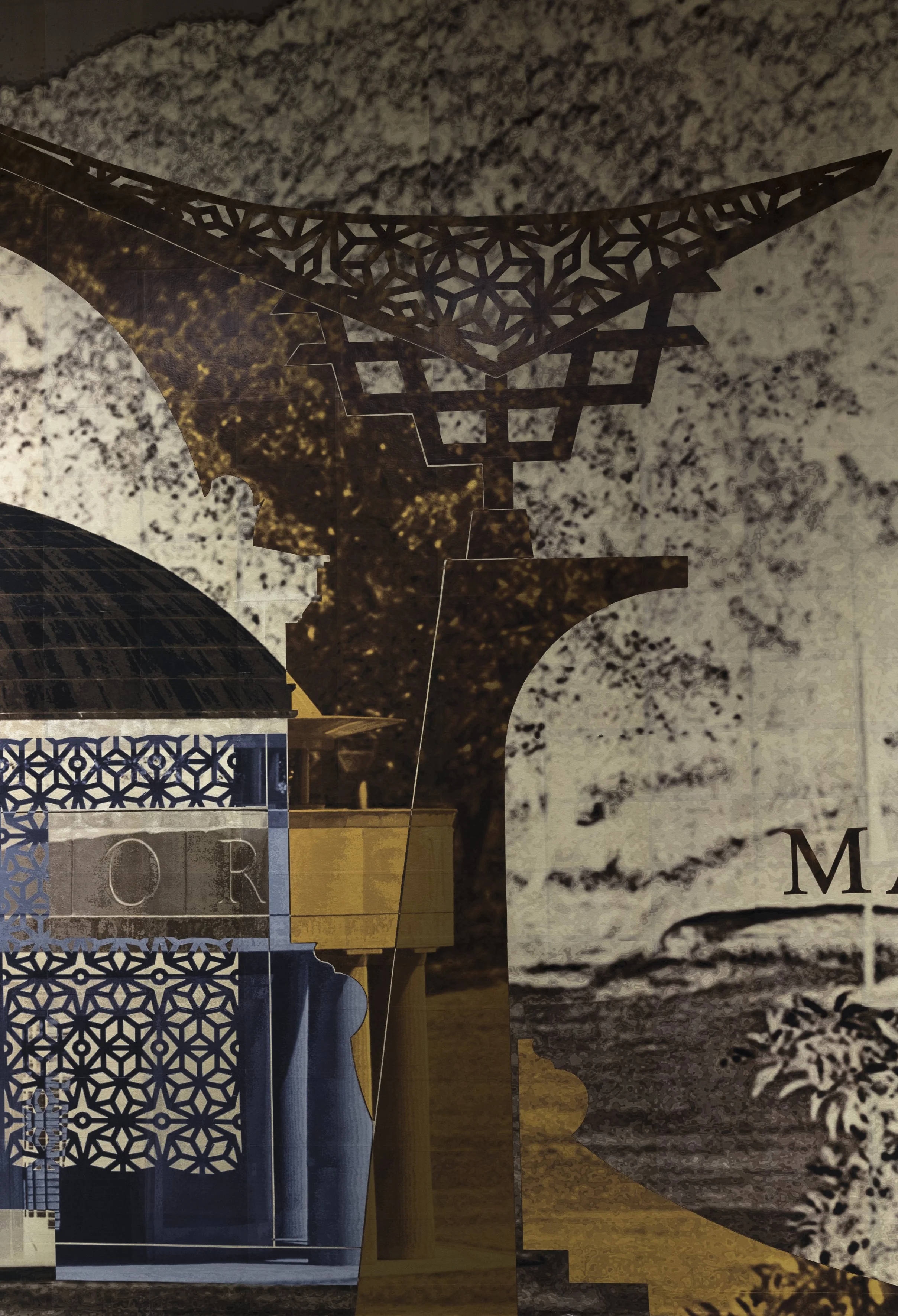 The Pavilion of Clear Memory (detail) incorporating the entablature bearing a carved commemorative text. Federation Pavilion Alex Tzannes, 1988.