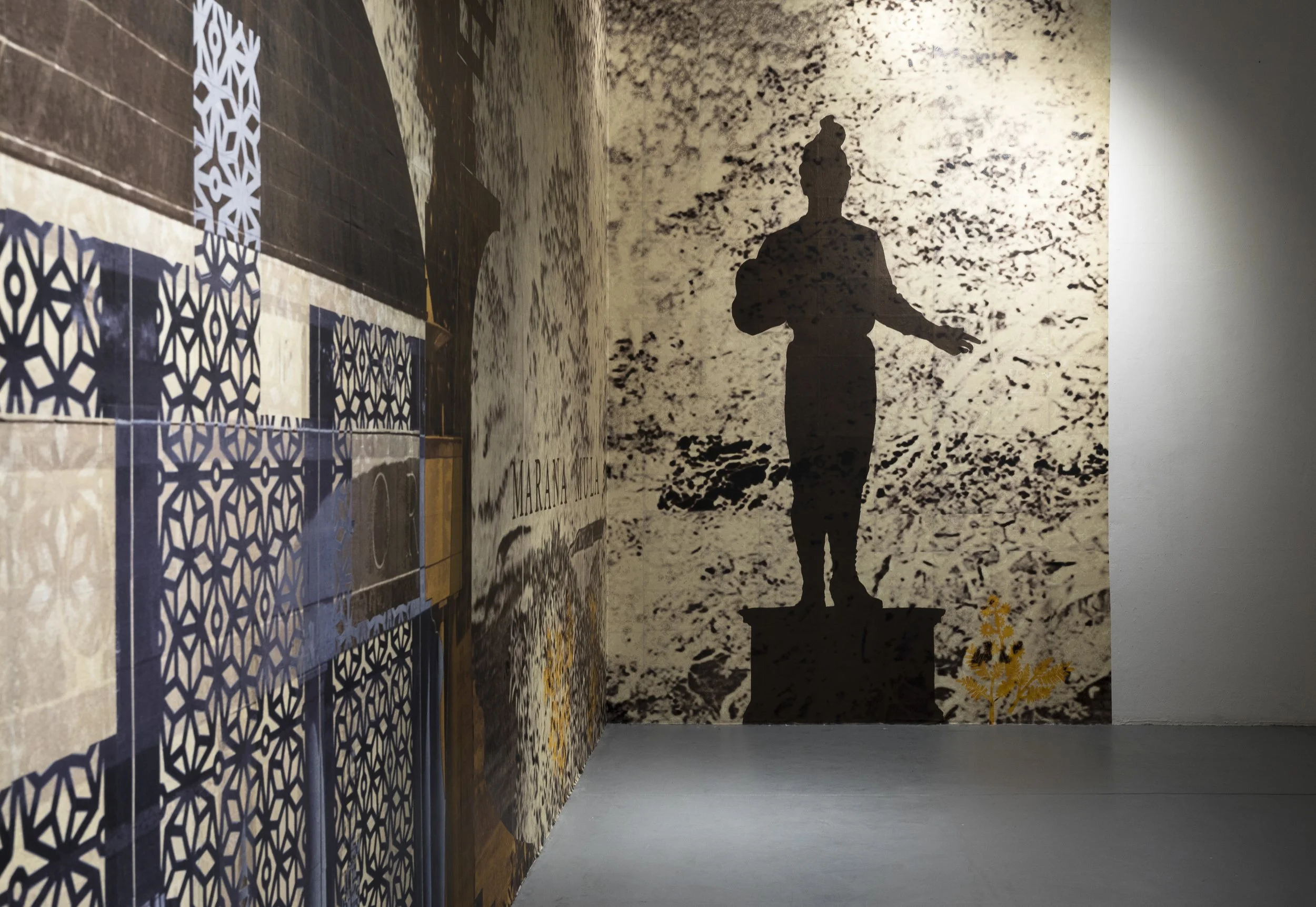 “We Won” (2019) Hand cut photocopy overlay of wall mounted statue. Also known as “The Footballer” by Tommaso Sani an early Italo-Australian sculptor active in the 1880’s. The life-sized bronze statue in Centennial Park has the face of a neo-classical
