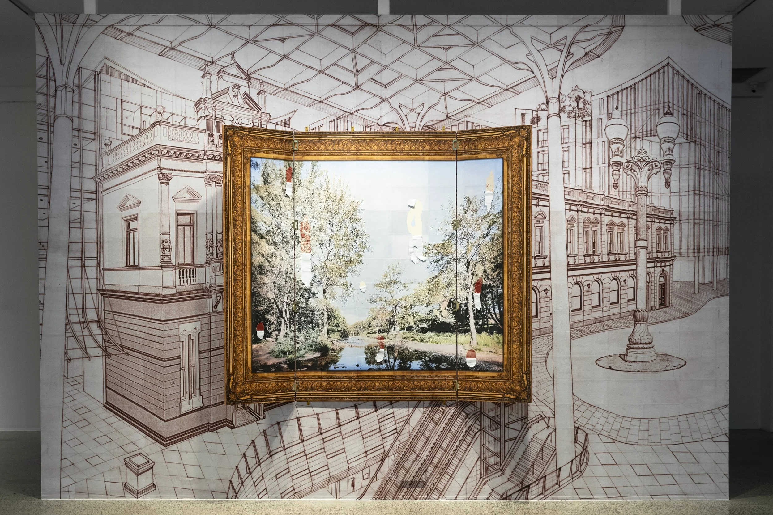 Doors fully opened to reveal framed and torn image of the Wiradjuri Country. Photograph by Silversalt (Jennifer Leahy)