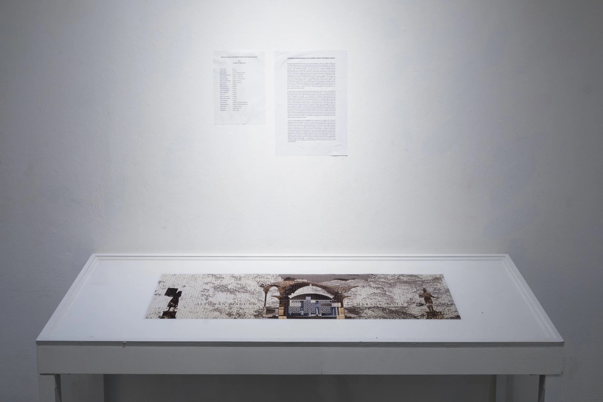 Installation schema (centre stage) Pavilion of Clear Memory, wall notes, acknowledgements and credits.