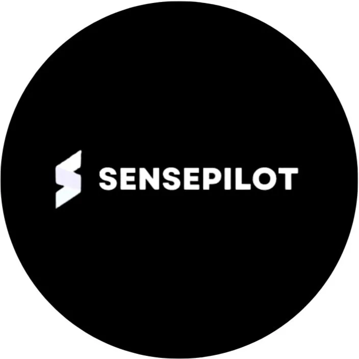 Black circular logo with white text that reads 'SENSEPILOT' and a stylized 'S' symbol to the left.