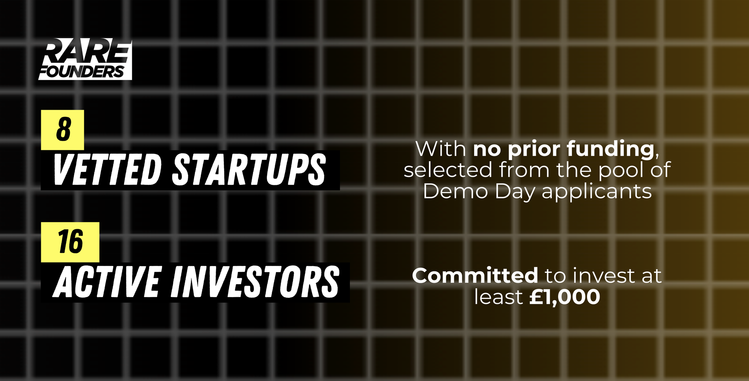 Text overlay with information about the number of vetted startups and active investors, featuring logos of RARE Founders, and details about funding criteria.