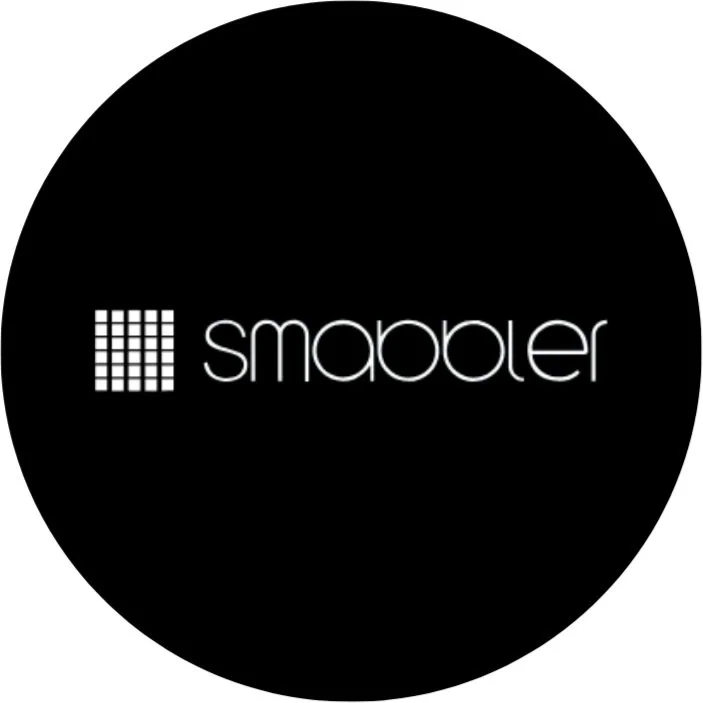 Black circle background with white logo and text 'smabler', featuring a stylized grid icon