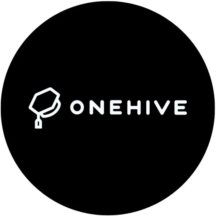 Black circular logo with a white molecular structure icon and the text 'ONEHIVE' in white.
