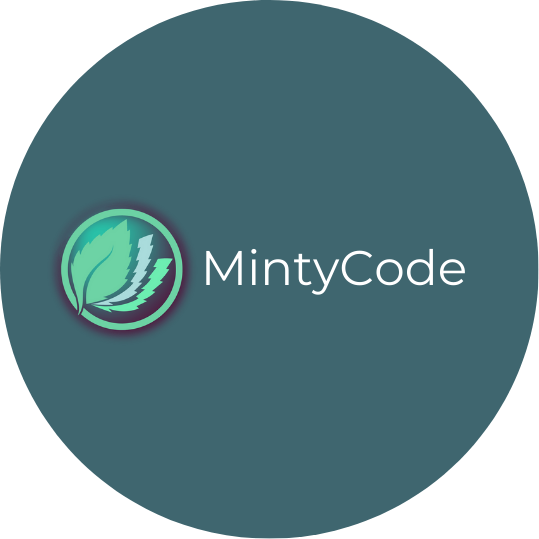 MintyCode logo featuring a green leaf with a lightning bolt, positioned next to the company name 'MintyCode' on a dark background.