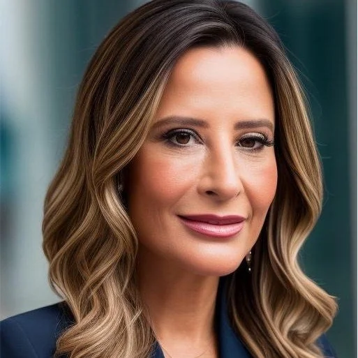 Close-up portrait of a woman with wavy blonde hair, wearing makeup, and dressed in a dark blazer, looking at the camera with a slight smile against a blurred outdoor background.