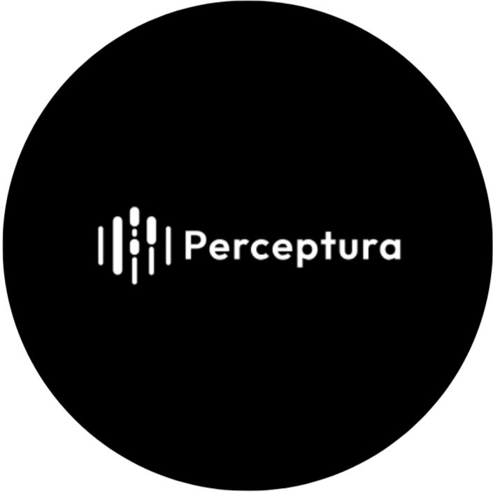 Black circular logo with white vertical lines forming a sound wave pattern and the word 'Perceptura' to the right.