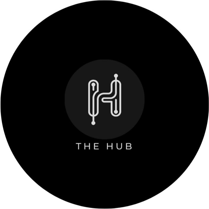 Design of a vinyl record with a neon-style city map logo in the center, titled "The Hub."