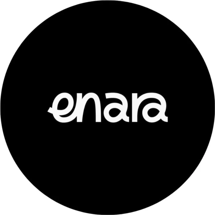 The logo of Enara, featuring the word 'enara' in lowercase white letters on a black circular background.