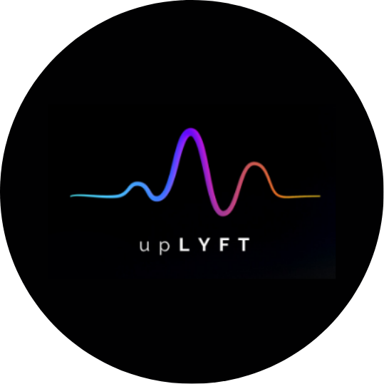 A logo with colorful wave lines above the text 'upLYFT' on a black background.