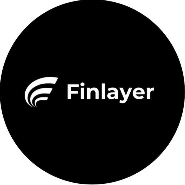 Black circle logo with stylized white wave design and the word 'Finlayer' in white text