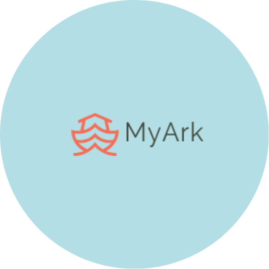 Logo with a red, stylized boat icon and the words 'MyArk' on a light blue circular background.