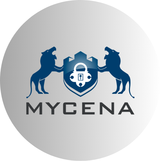 Logo featuring two blue lions facing each other holding a shield with a lock symbol, above the word "MYCENA".