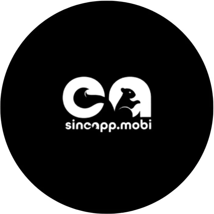 Black circular logo with white stylized fish and dinosaur shapes forming the letters "C" and "A" and the text "sineapp.mobi" below.