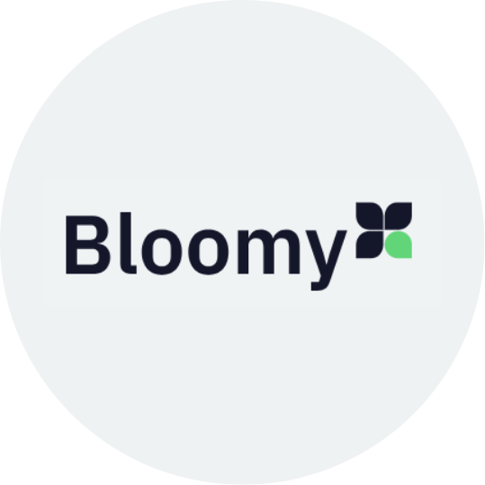 Bloomy logo with stylized black and green flower design.