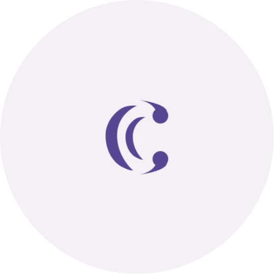 A stylized purple logo resembling two phone receivers facing each other with curved lines between them, on a light purple circular background.