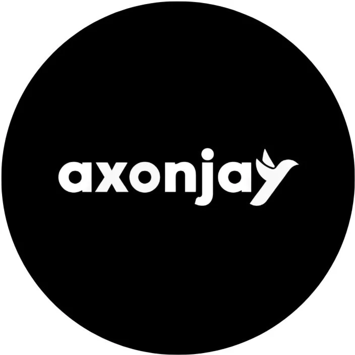 Black circular logo with the word 'axonjay' in white lowercase letters, featuring a stylized bird with a leaf in place of the tail.