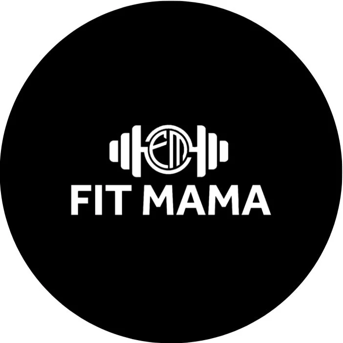 Logo for Fit Mama featuring a stylized dumbbell design in white on a black circular background.