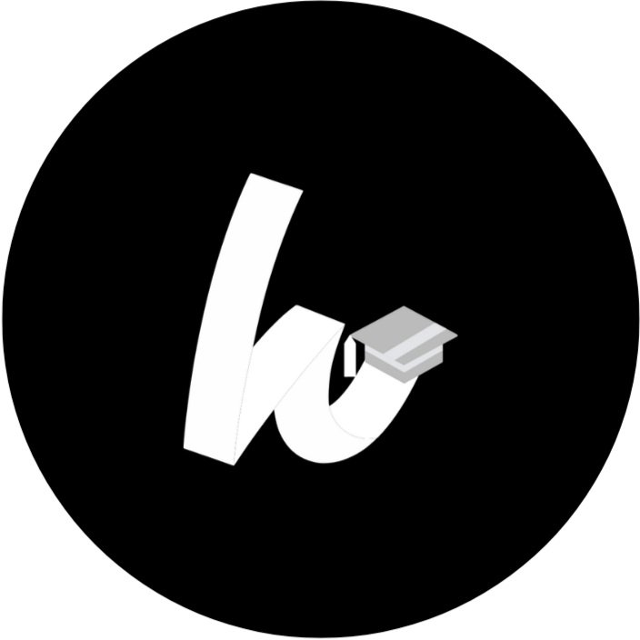 A black circular logo with a stylized white lowercase letter 'h' and a small gray graduation cap on top of the tail of the 'h'.