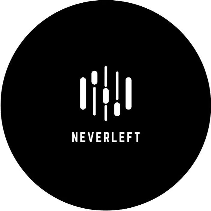 Black circular logo with abstract vertical white lines and the text 'NEVERLEFT' beneath.