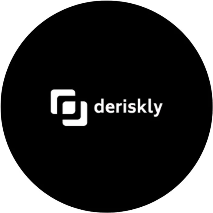 Black circular logo with white geometric icon and the word 'deriskly' in lowercase letters.