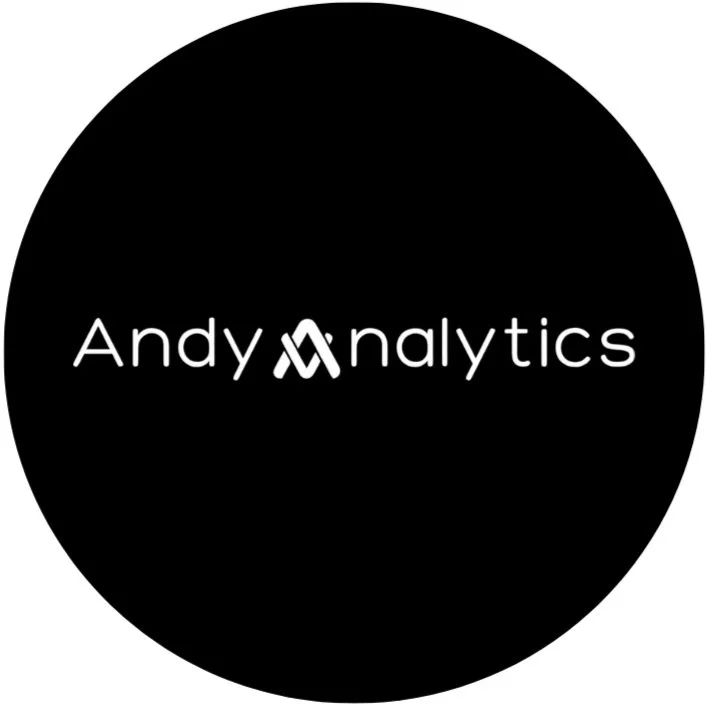 Black circular logo with white text that reads "Andy Analytics," featuring a stylized 'A' in the middle.