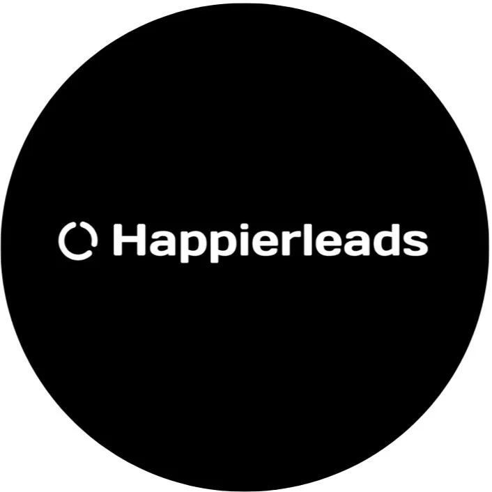 Black circular background with white text and logo that says 'Happierheads'.