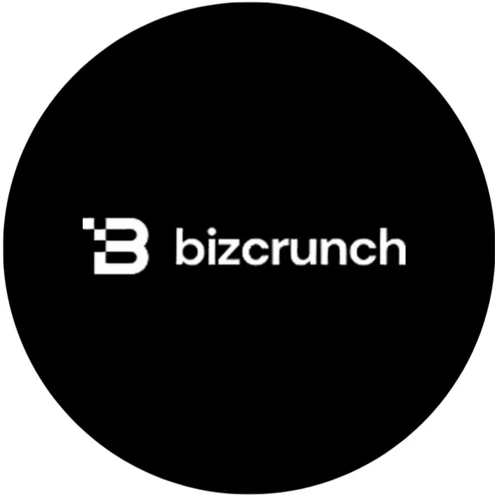 Black circular logo with a stylized letter 'B' and the word 'bizcrunch' in white text.