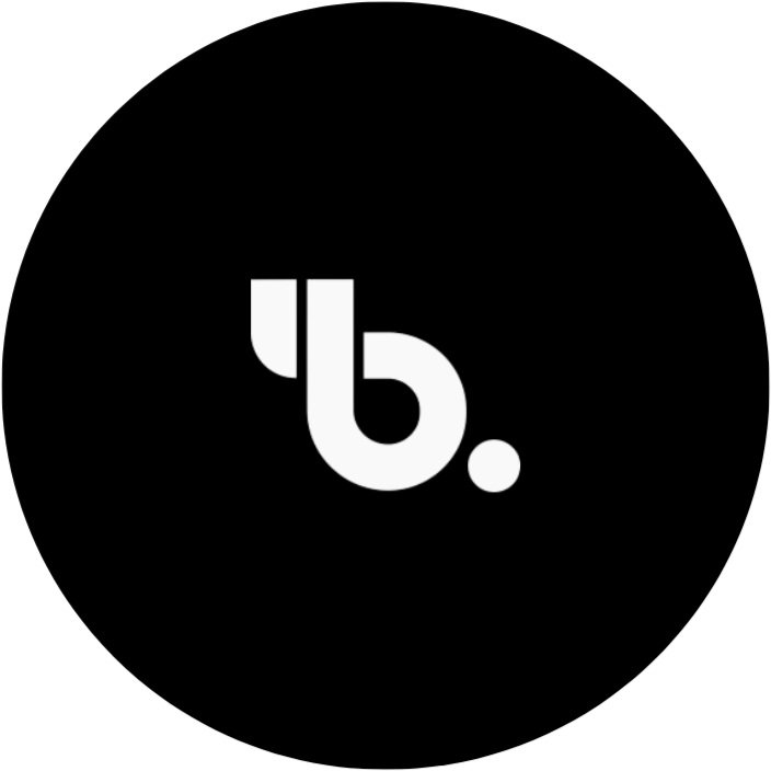 Black circular logo with stylized lowercase white 'b' and a small white dot.