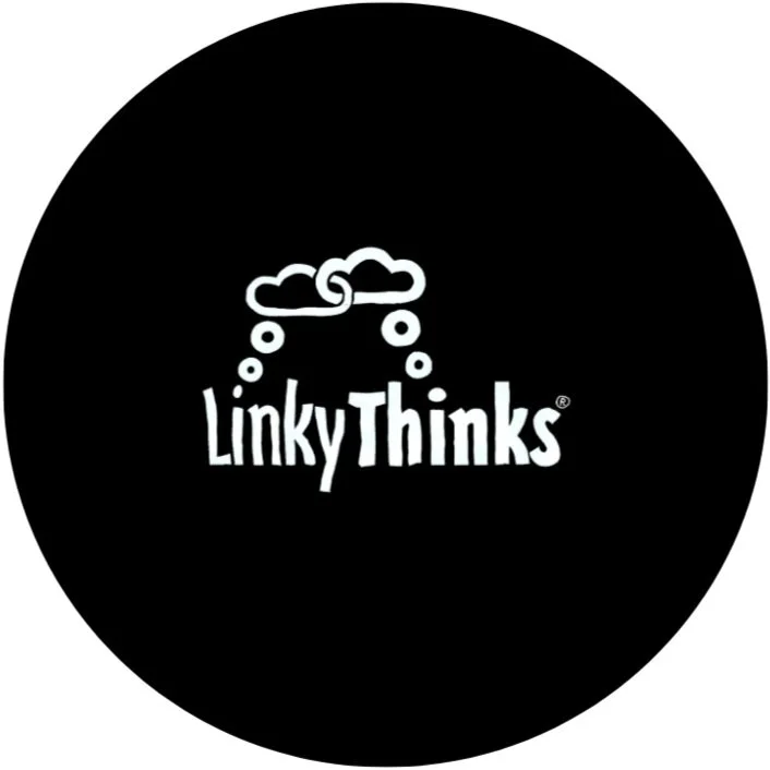 A black circular background with a white cloud above the words "LinkyThinks" in a playful font.