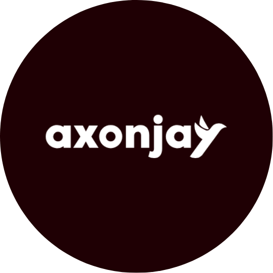 Black circular logo with the word 'axonjay' in white lowercase letters and a small winged icon above the 'y'.