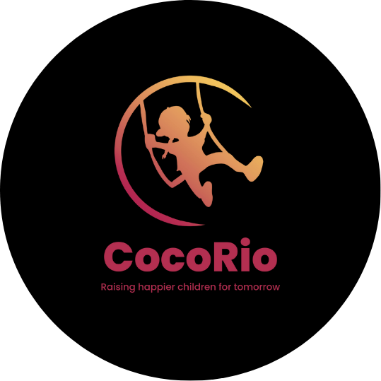 Logo of CocoRio featuring a silhouette of a child on a swing with a crescent moon, and the text 'CocoRio' with the tagline 'Raising happier children for tomorrow'.