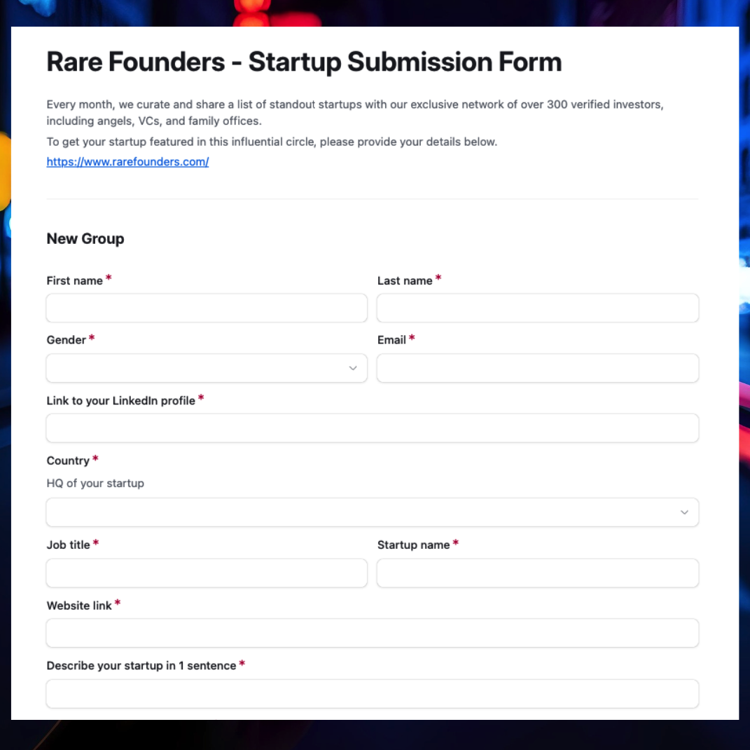 Screenshot of a startup submission form on Rare Founders website with fields for personal and startup details.