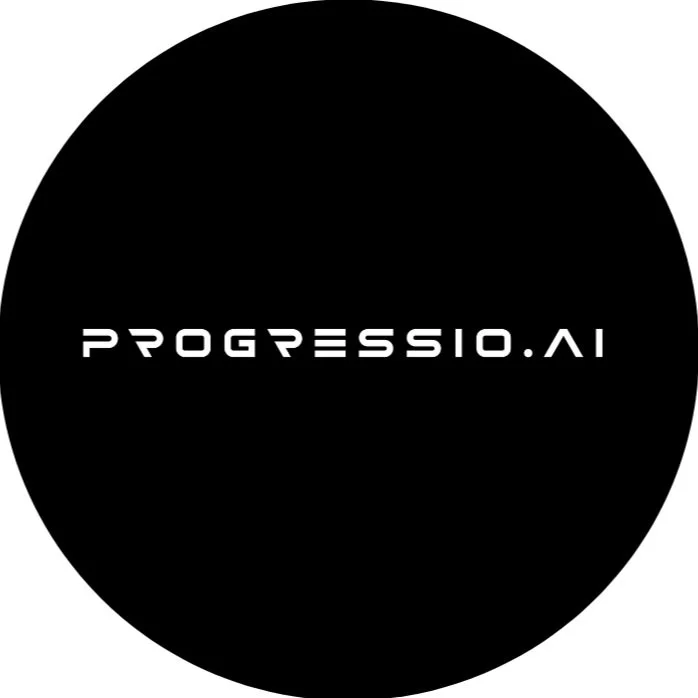 Black circular logo with the text 'PROGRESSIO.AI' in white, futuristic font.