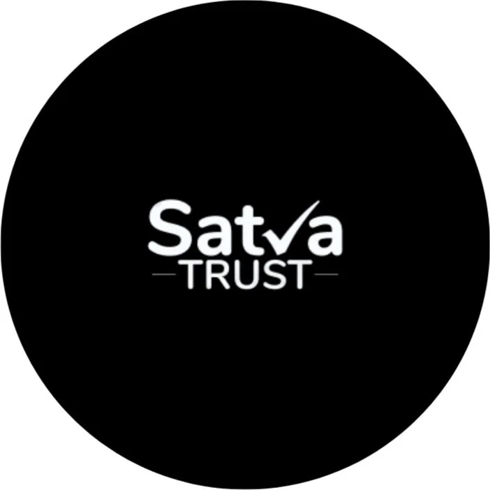 Logo with the words 'Satva Trust' in white on a black circular background.