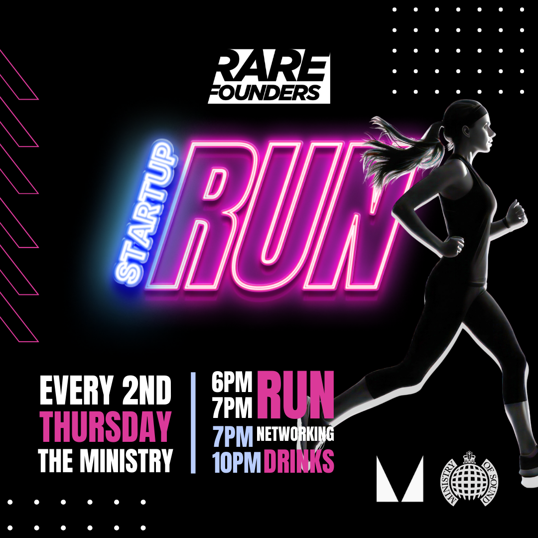 Poster for Rare Founders Startup Run, a weekly running event held every second Thursday at Green Park. The poster features a silhouette of a woman running, with event details and neon-style text.