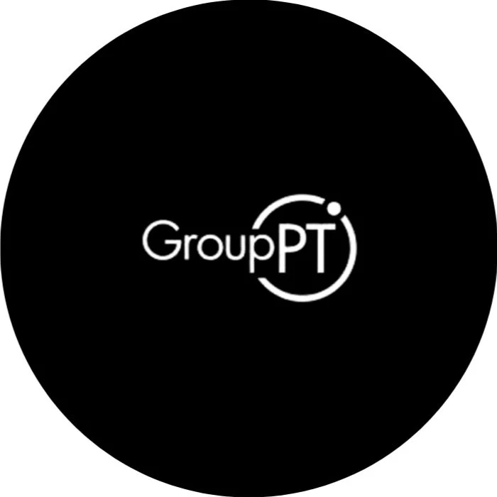 Black circular background with the white logo 'GroupPT' in the center.