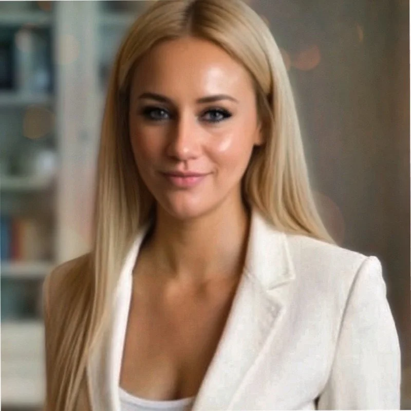 A woman with long blonde hair, wearing a white blazer, smiling softly, with a blurred background.