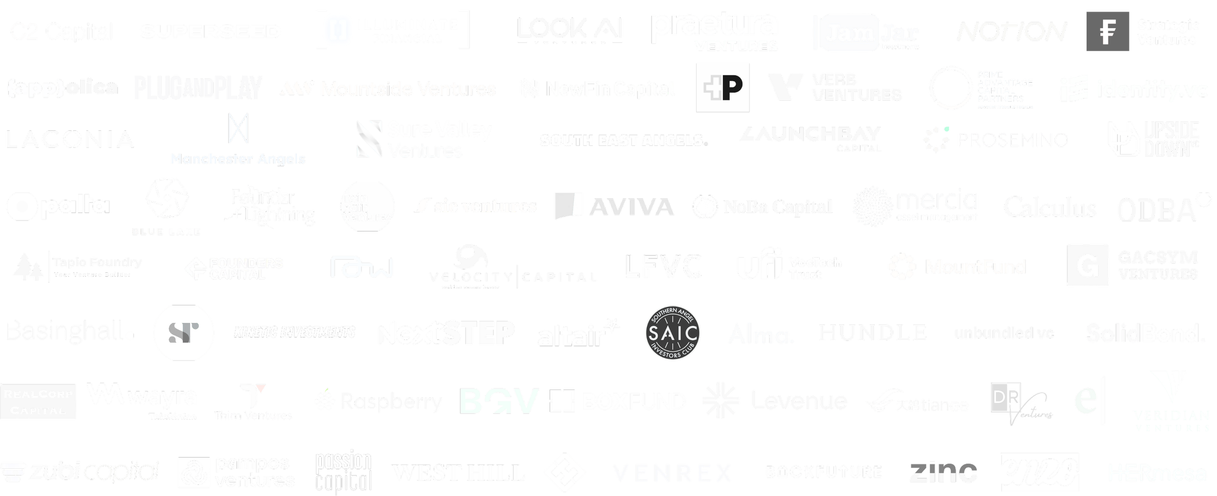 A black background with white logos of various venture capital firms and investment companies arranged in rows.