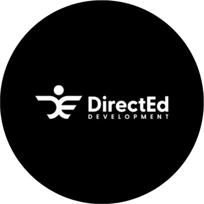 Black circular logo with stylized white human figure and wings, and the text 'DirectEd Development' in white.